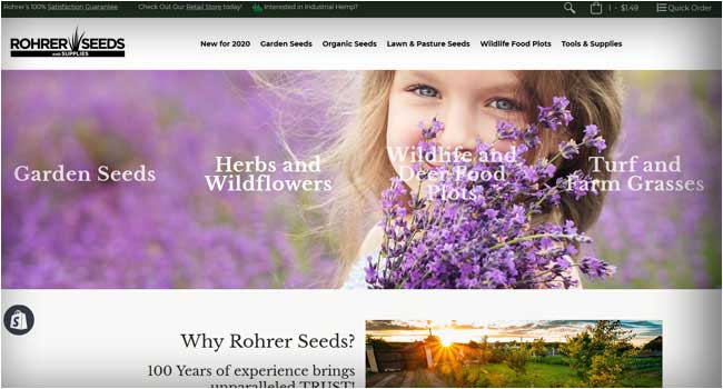Rohrer Seeds Shopify eCommerce example, POS setup & consulting, Celigo NetSuite data synchronization, PPC ads, SEM, and print catalog design